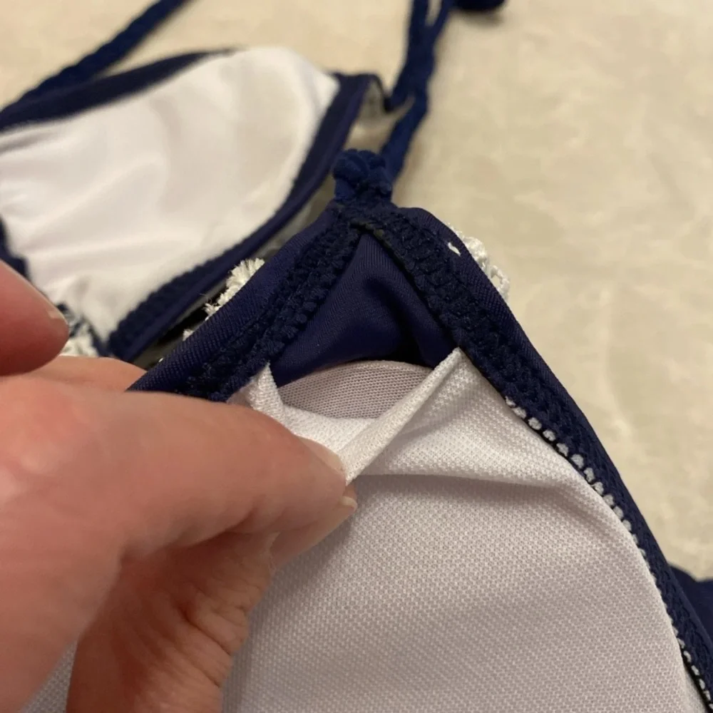 Elegant Navy Bikini with White Lace Trim